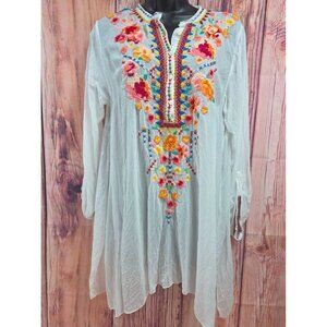 Johnny Was White Embroidered Sheer Tunic Blouse Top Medium